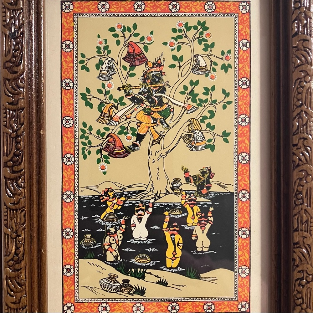 Vintage INDIA POSTCARD / Krishna STEALING GOPIS CLOTHES / 6 Color HANDMADE LITHO